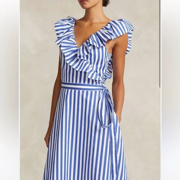 Ralph Lauren Striped Ruffled Shirt Dress Wrap Sleeveless Blue White Stripe Sz 4 - Picture 11 of 14